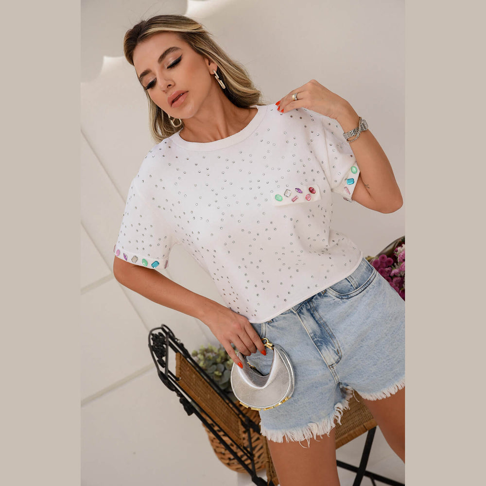 Blusa de tricot modal off com strass e pedraria