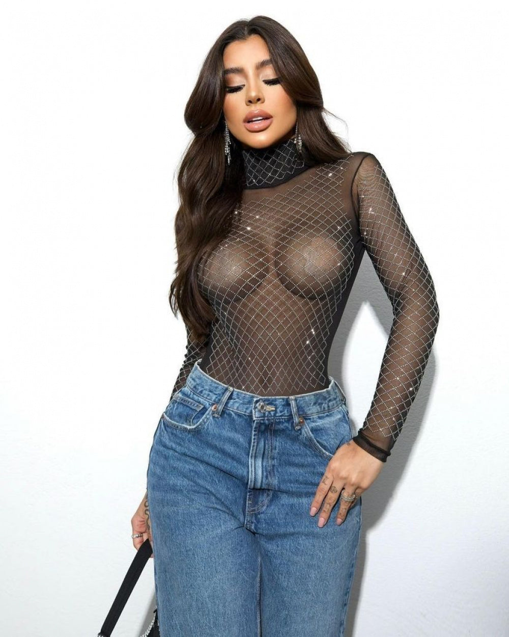 Body de tule manga longa com aplicações de Hot Fix