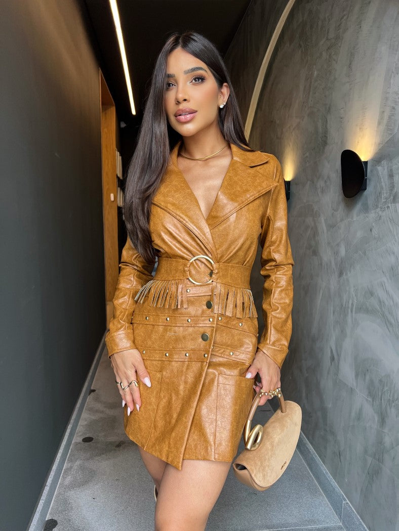 Maxi Coat Belli Transpassado Caramelo com Cinto de Franjas