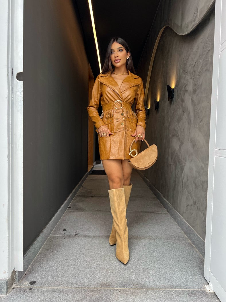 Maxi Coat Belli Transpassado Caramelo com Cinto de Franjas