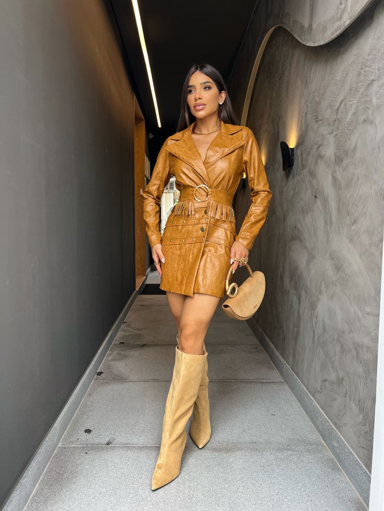 Maxi Coat Belli Transpassado Caramelo com Cinto de Franjas