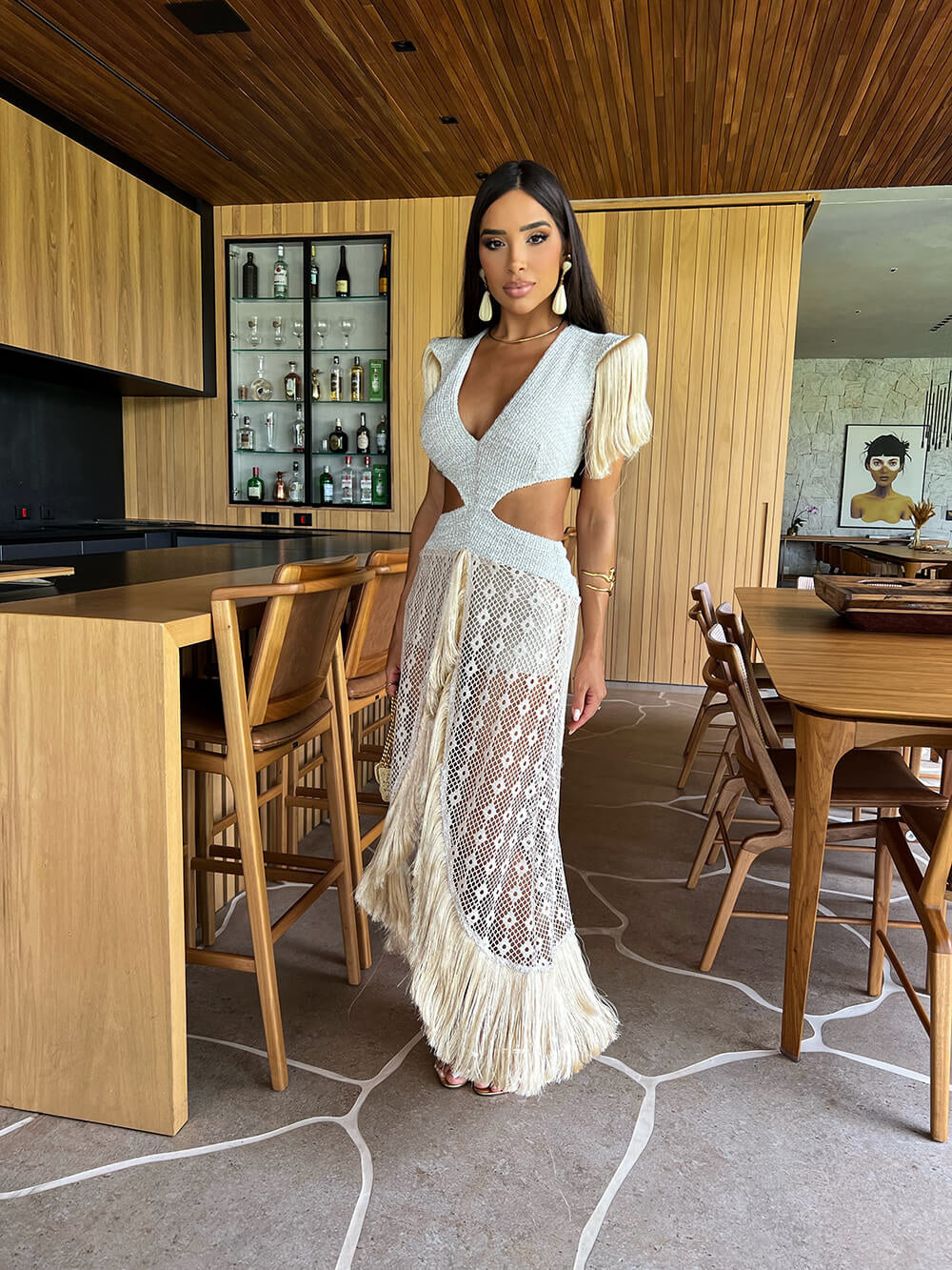 Vestido Eterno Luxury em Renda Macramê e Tricot Trecce com Franjas Artesanais - Pimpnella