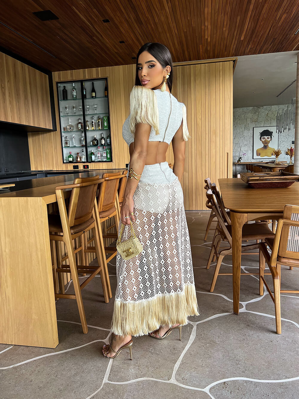 Vestido Eterno Luxury em Renda Macramê e Tricot Trecce com Franjas Artesanais - Pimpnella