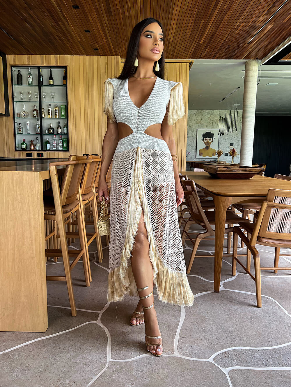 Vestido Eterno Luxury em Renda Macramê e Tricot Trecce com Franjas Artesanais - Pimpnella