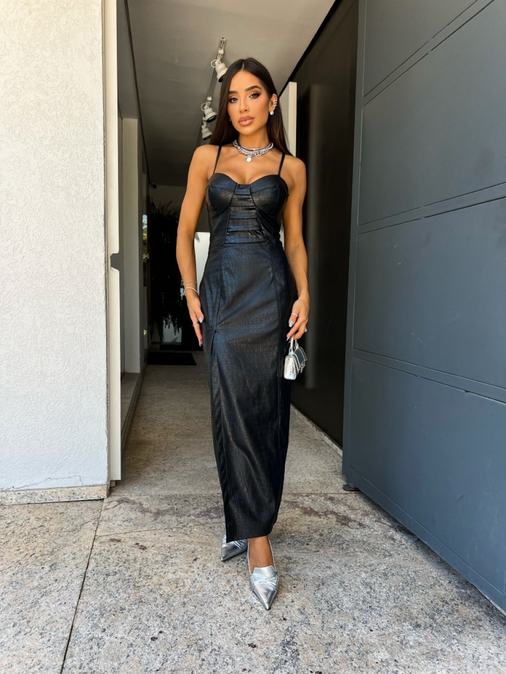 Vestido Midi Alongado em Courino Croco Kenner - Pimpnella