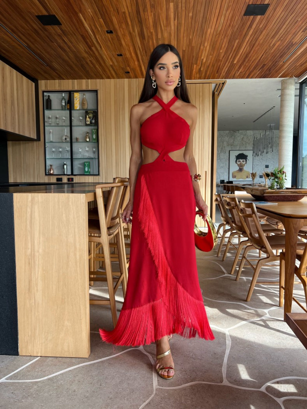 Vestido Midi Alongado vermelho Voal - Pimpnella