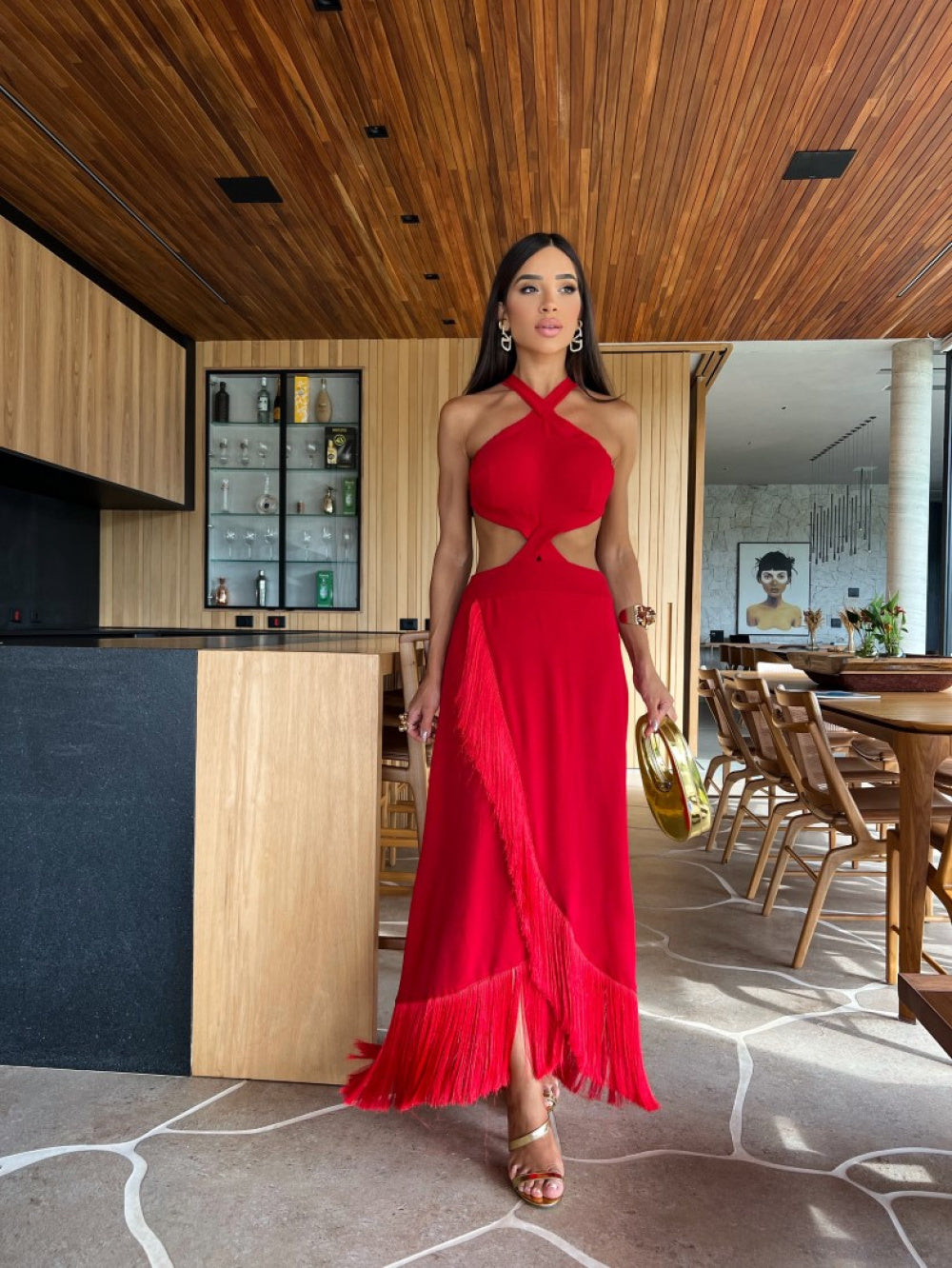 Vestido Midi Alongado vermelho Voal - Pimpnella