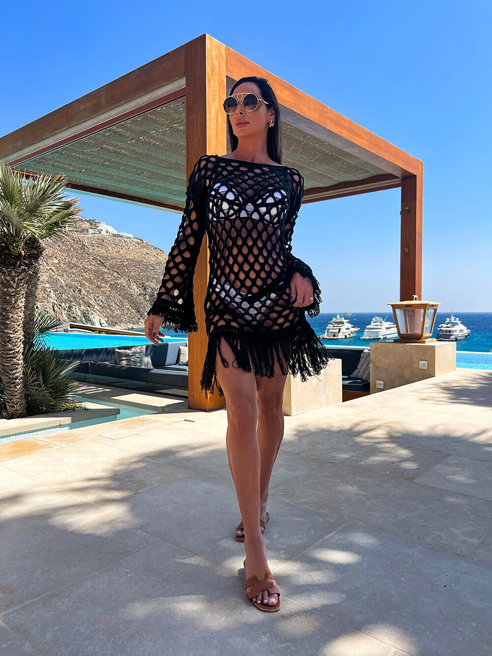 Vestido saída de praia em tricô preto curto Sling - Pimpnella