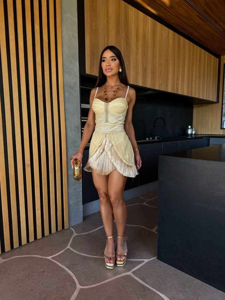 Vestido Sommer Pimpnella Curto em Tricot com Franjas Artesanais