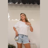 Blusa de tricot modal off com strass e pedraria