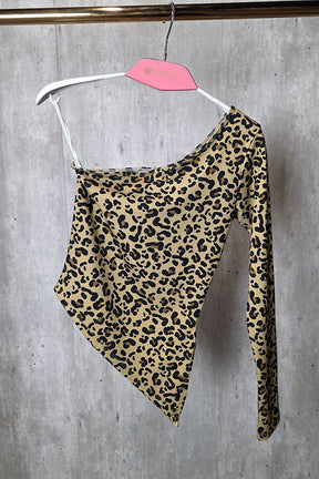 Blusa Assimétrica Onça Um Ombro Só Manga Longa Estilosa Groovy