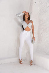 Calça Jeans Skinny Branca Cintura Alta   Modelagem Perfeita e Barra Desfiada - Lady Lú