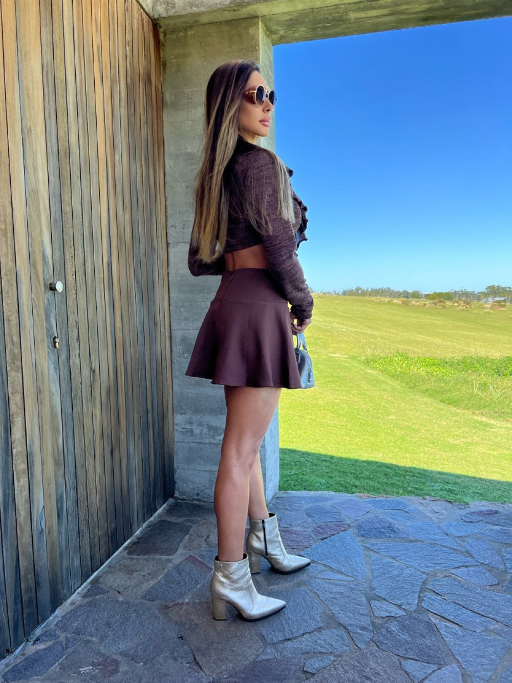 Conjunto Cropped de Tricot Manga Longa e Shorts Saia Evasê Livia - Pimpnella
