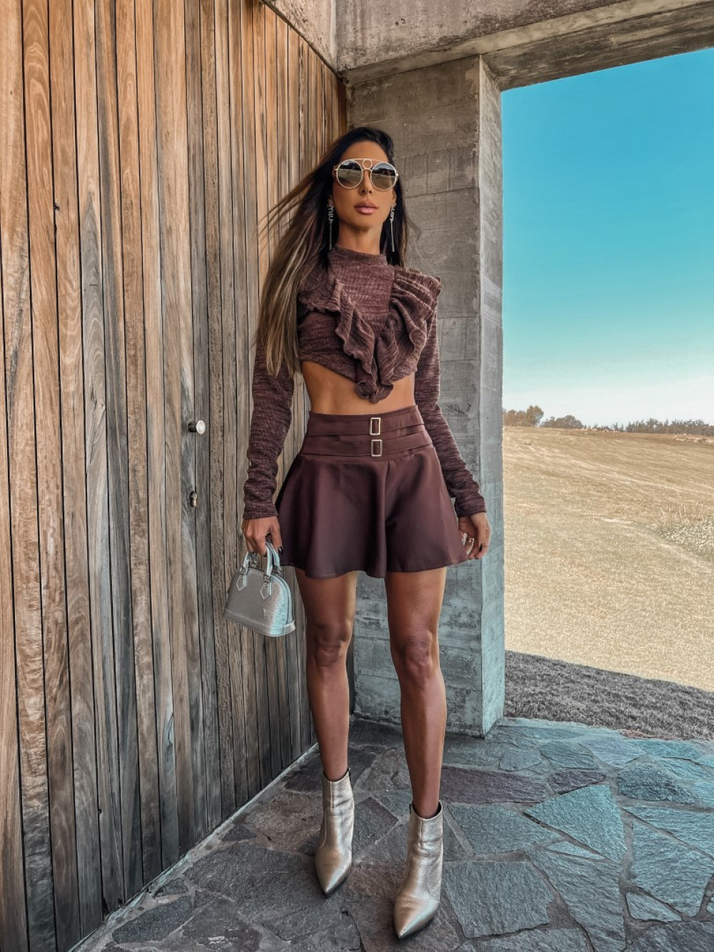 Conjunto Cropped de Tricot Manga Longa e Shorts Saia Evasê Livia - Pimpnella