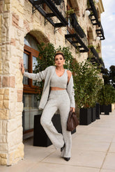 Conjunto Tricô Mescla: Casaco + Cropped + Calça Wide
