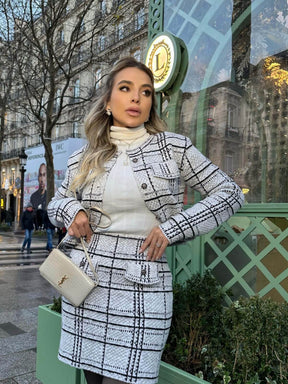 Conjunto Tricot Fio Mousse com Lurex   Casaco + Saia