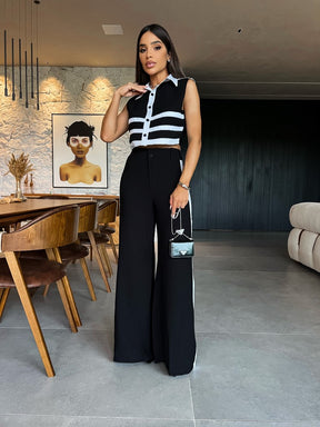 Conjunto Bianca Cropped Listrado P&B com Calça Wide Leg de Cintura Alta