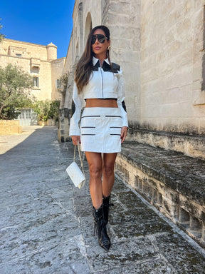 Conjunto Scala Jaqueta Cropped e Saia P&B em Couro P.U Off-White