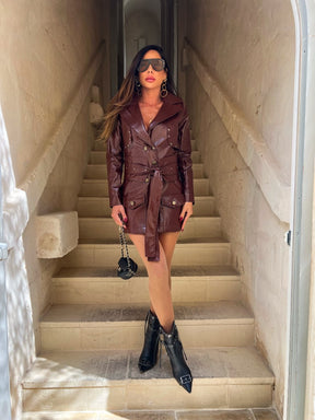 Maxi Coat Arcs Couro Croco Vinho com Cinto Avulso