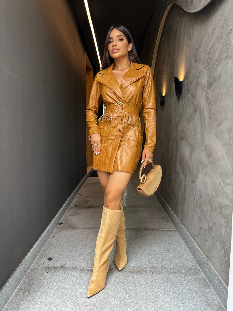 Maxi Coat Belli Transpassado Caramelo com Cinto de Franjas