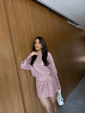 Mini Vestido Rosê com Brilho e Detalhes Metálicos