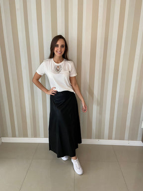 Saia midi Preta couro eco - Flor linda