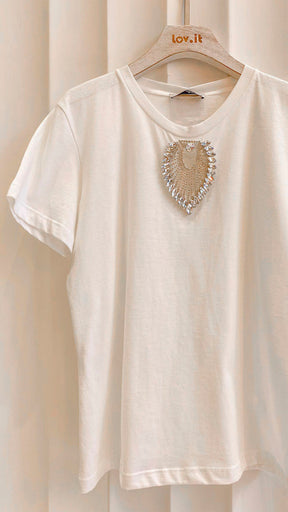 T-Shirt Off White Lov.it em algodão com vazado central e detalhe de strass e pedraria