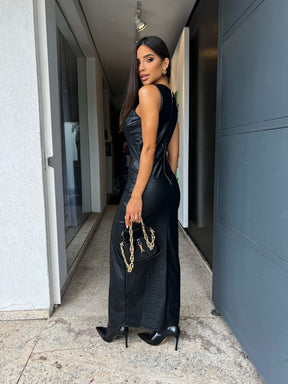 Vestido Midi Alongado em Courino Croco Preto Kylie - Pimpnella