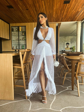 Vestido Tela Arrastão Branco Meyer - Pimpnella